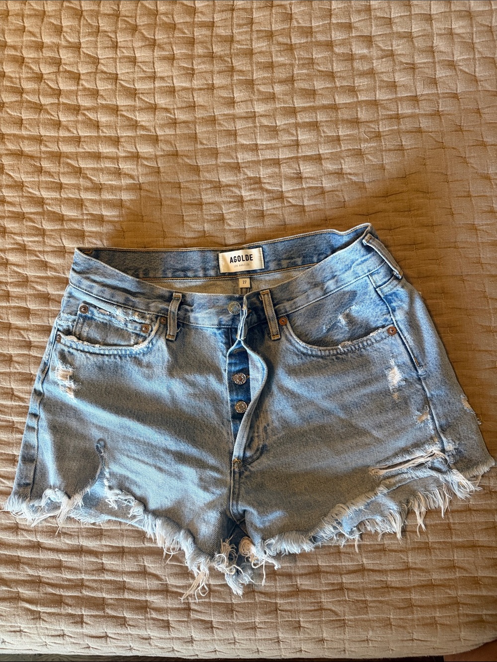 Agolde Light Blue Distressed Denim Cutoff Shorts Size 27